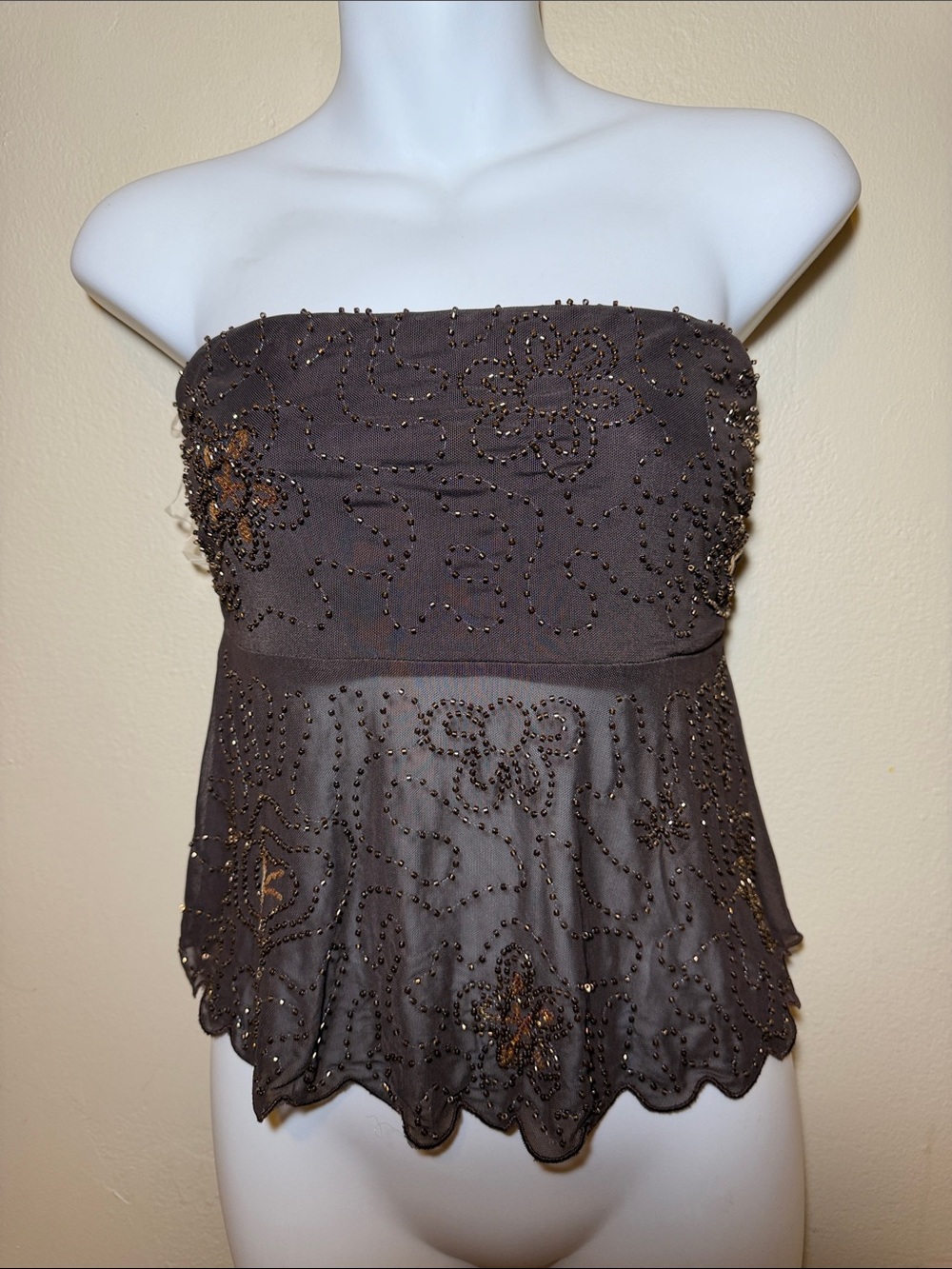 Strapless Brown Beaded Peplum Top